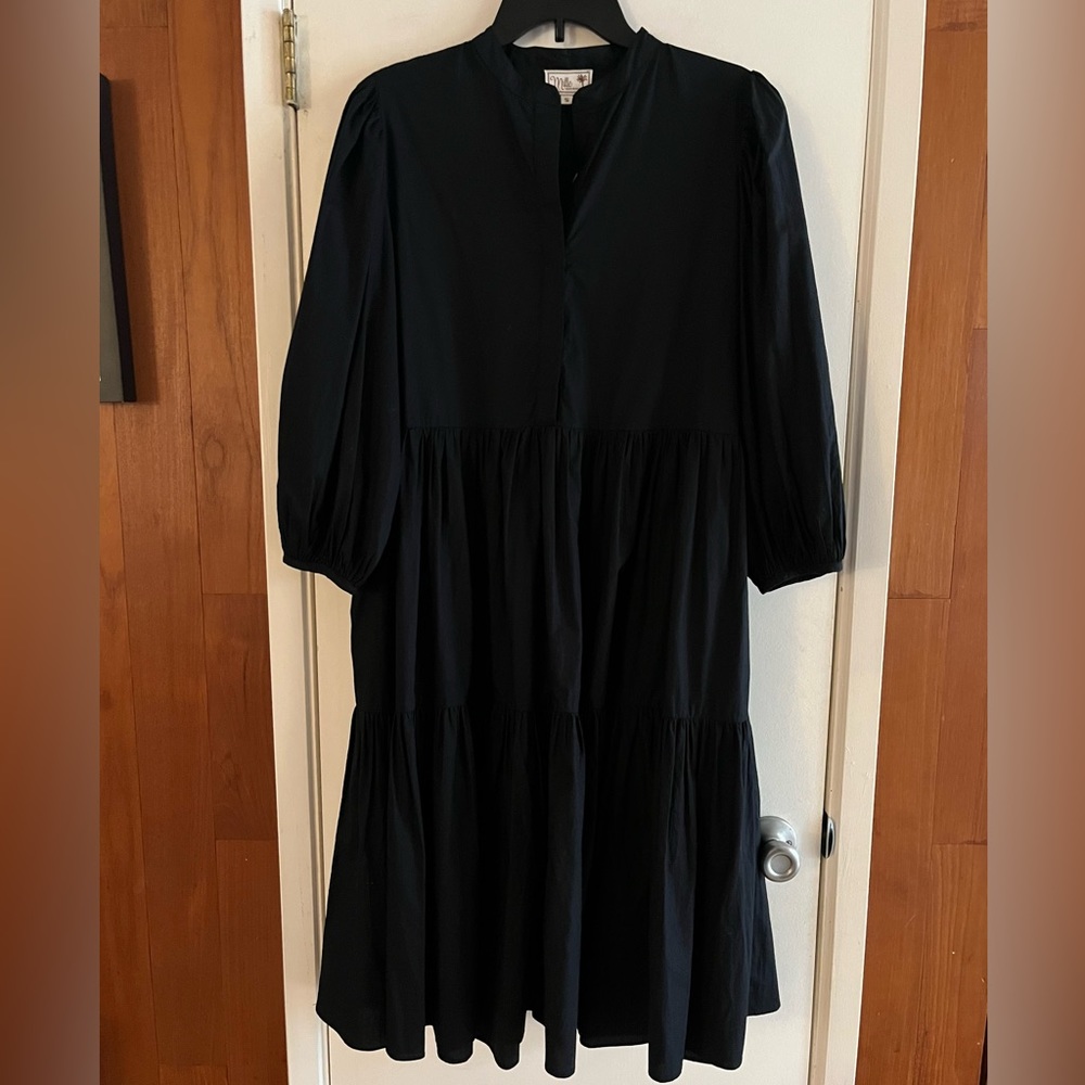 Mille Resort Black Tiered Midi Shirt Dress